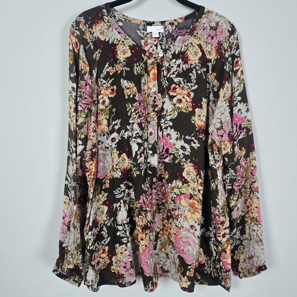 J Jill Womens Dark Floral Button Up Top Large Brown Artsy Long Sleeve Feminine